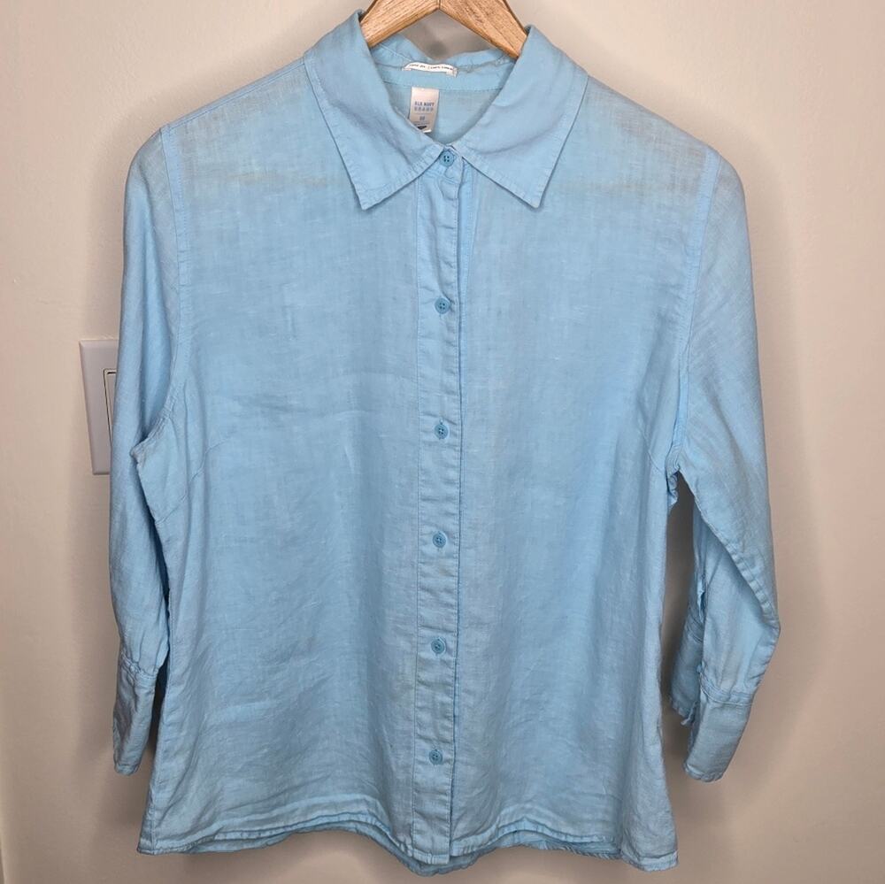 OLD NAVY Sky Blue Easy Fit 100% Linen Shirt with 3/4 Sleeves Size M